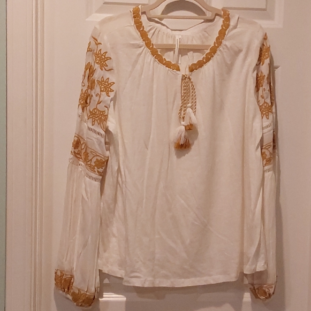 Anthropologie Cream and Gold Embroidered Blouse NWT Size L